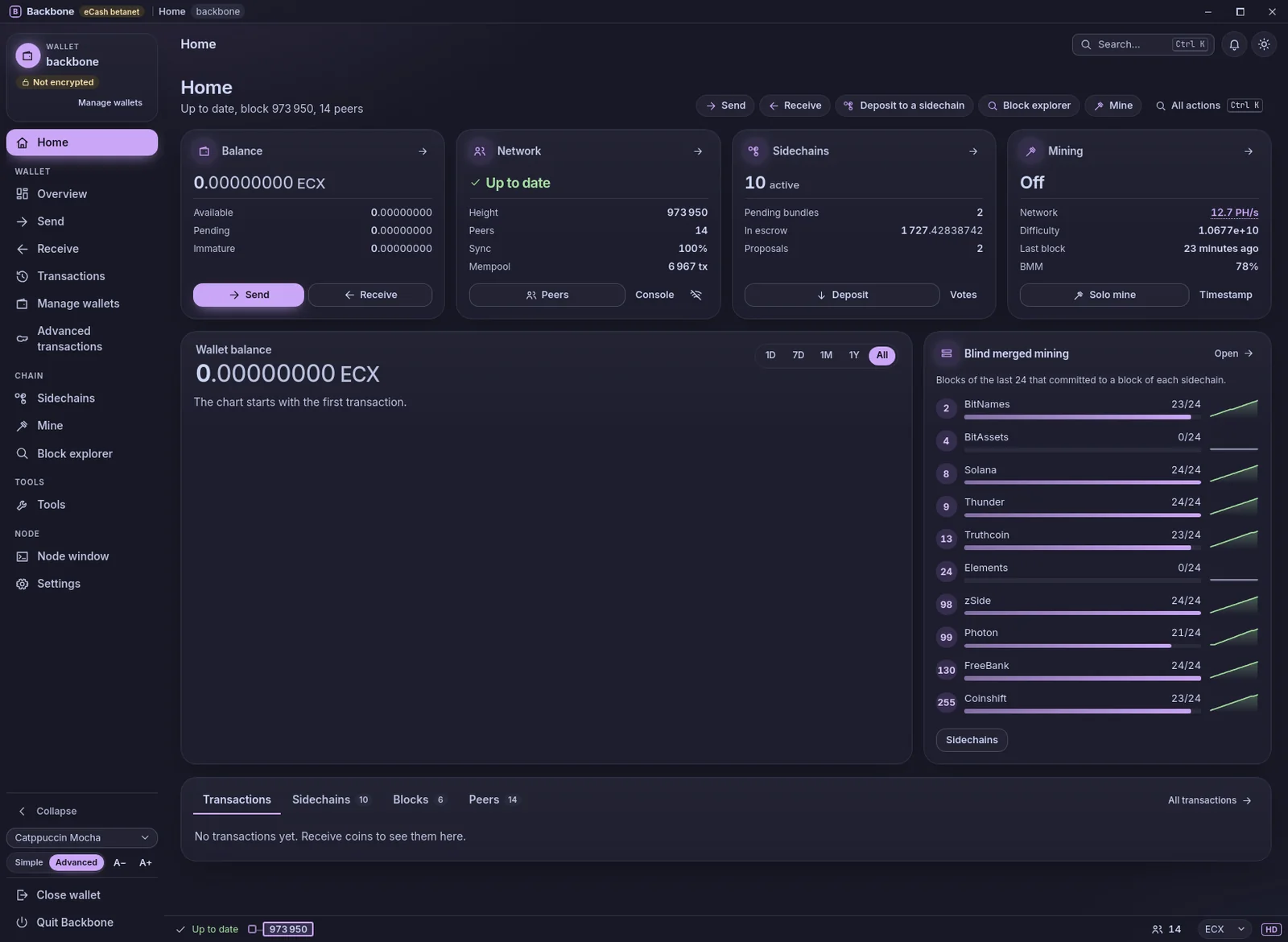 The Backbone app on eCash betanet: balance, network, ten active sidechains and mining at a glance, beside each sidechain's merged-mining record over the last 24 blocks