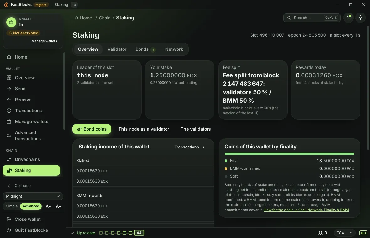 The FastBlocks app's Staking page on regtest: the slot leader, your stake, the fee split between validators and BMM, rewards, and coins by finality