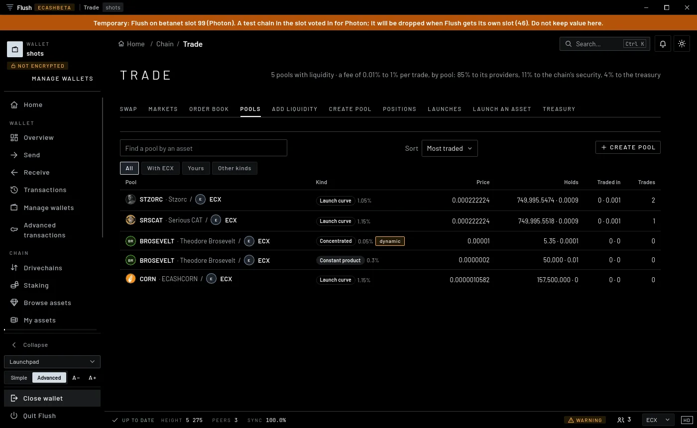 The Flush app's Pools page on eCash betanet: the live pools of STZORC, SRSCAT, BROSEVELT and CORN against ECX