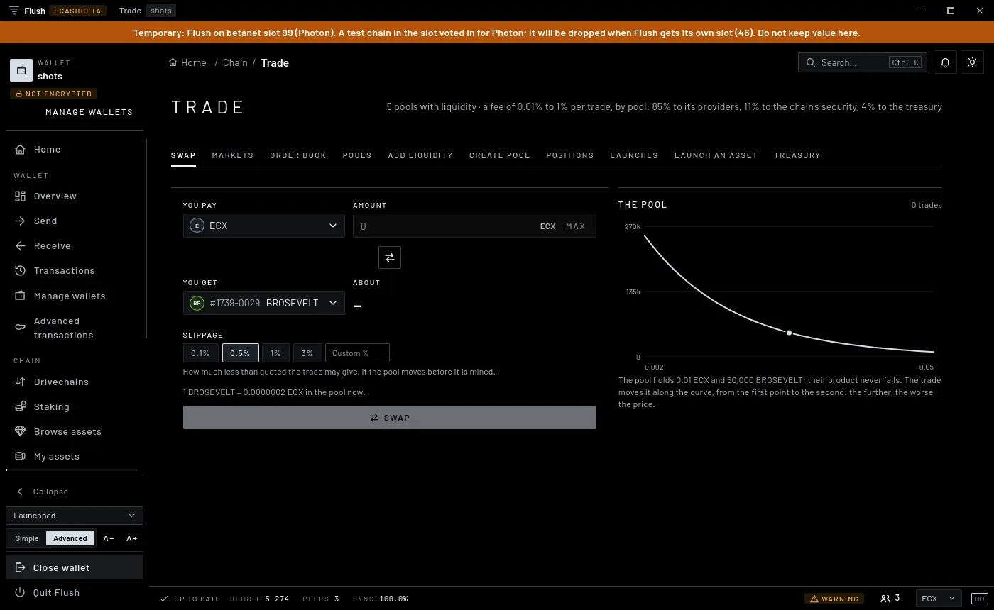 The Flush app's Swap page on eCash betanet: ECX for BROSEVELT, with the pool's curve beside it