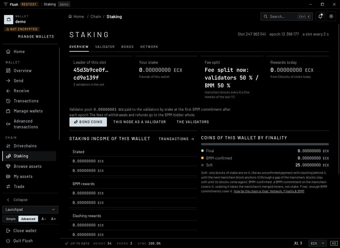 The Flush app's Staking page on regtest: the slot leader, stake, the fee split between validators and BMM, and coins by finality: final, BMM-confirmed, soft