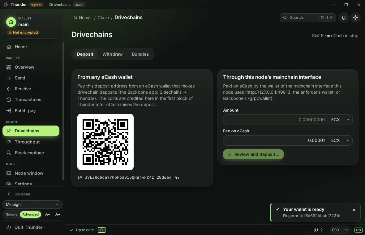 A BMM sidechain app (Thunder) on regtest: its Drivechains page, a deposit from any eCash wallet or through the mainchain interface