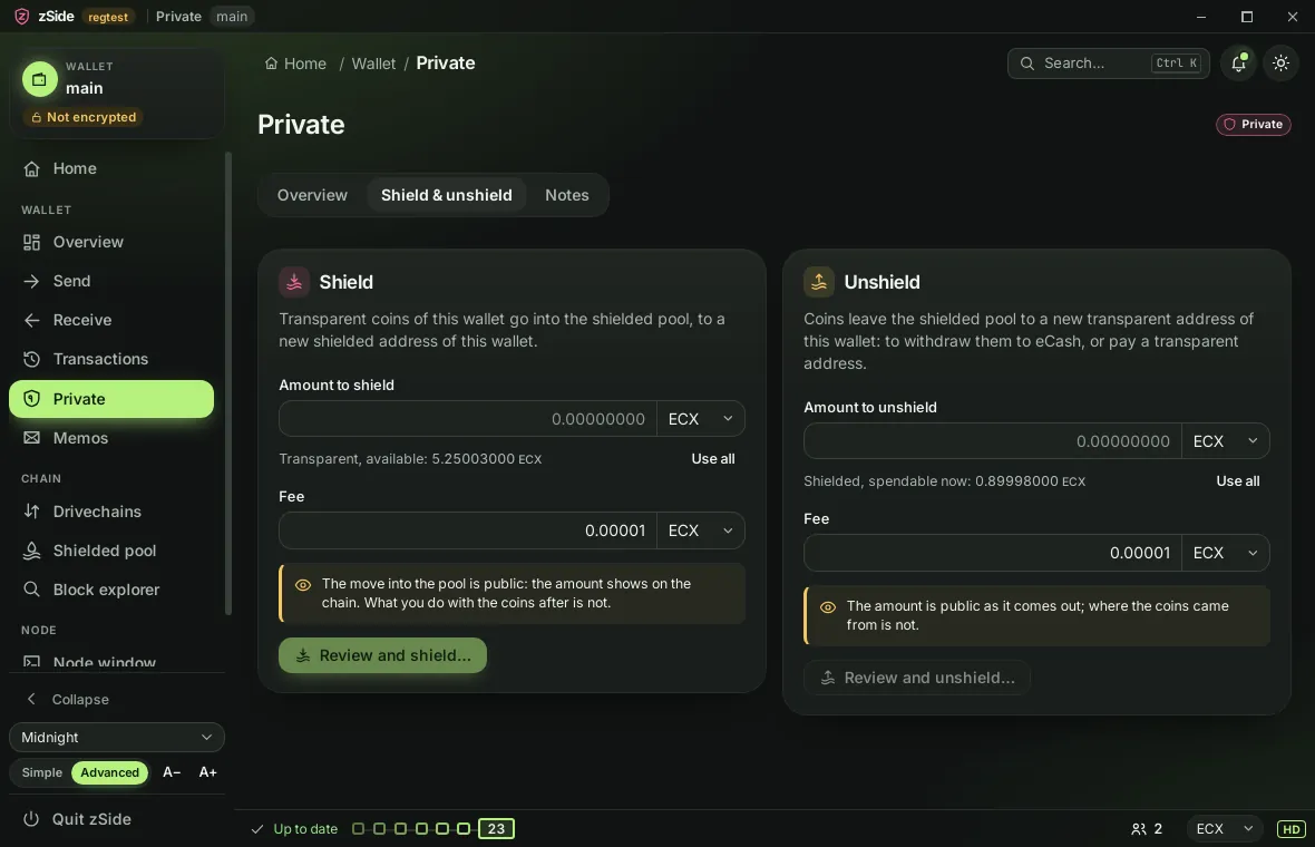 The zSide app's Private page on regtest: shield transparent coins into the pool, or unshield them to a new transparent address